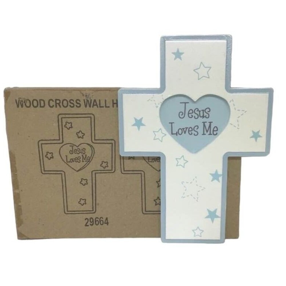 Jesus Loves Me Wood Cross Wall Hanging Blue Boy Stars Decor Christian NEW